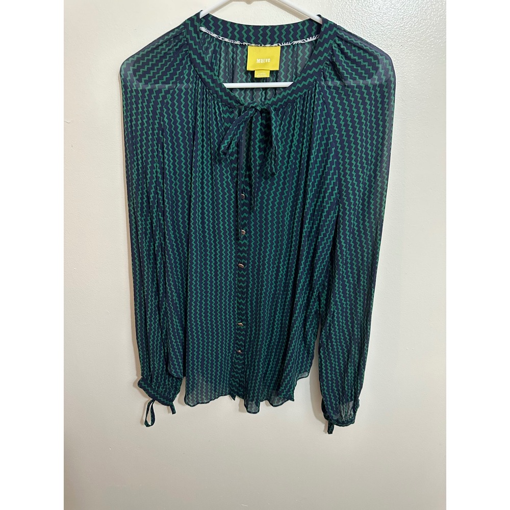 Maeve Anthropologie Teal Navy Chevron Tie Neck Button Front Blouse Large